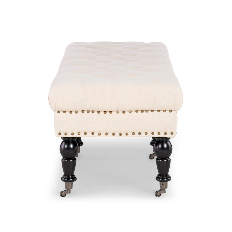 Banc d'entrée en lin capitonné – Blanc cassé, capitonnage à boutons, 2 places