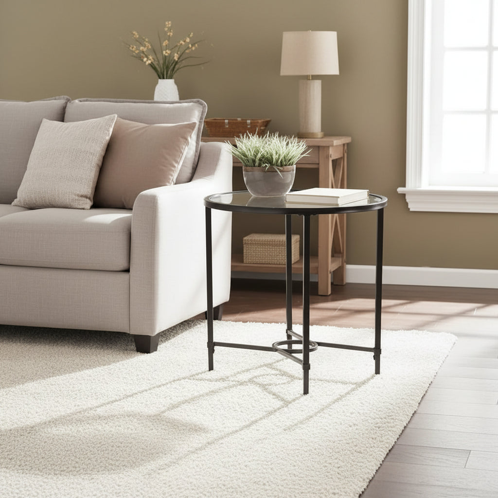 SEI Furniture Quaker Metal Scrollwork Oval Side Table with Beveled Tempered Glass