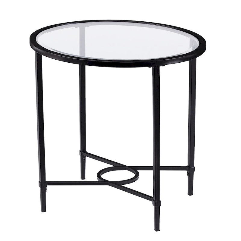 Table d'appoint ovale en verre – noire, volutes en métal, 1 place