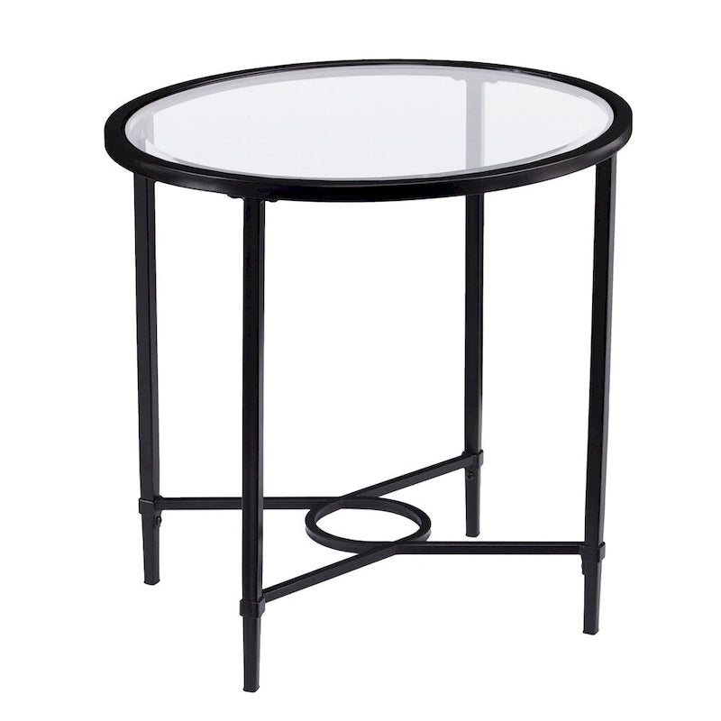 Table d'appoint ovale en verre – noire, volutes en métal, 1 place