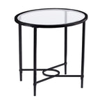 Table d'appoint ovale en verre – noire, volutes en métal, 1 place
