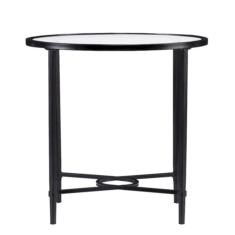 Table d'appoint ovale en verre – noire, volutes en métal, 1 place