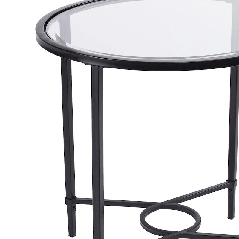 Table d'appoint ovale en verre – noire, volutes en métal, 1 place