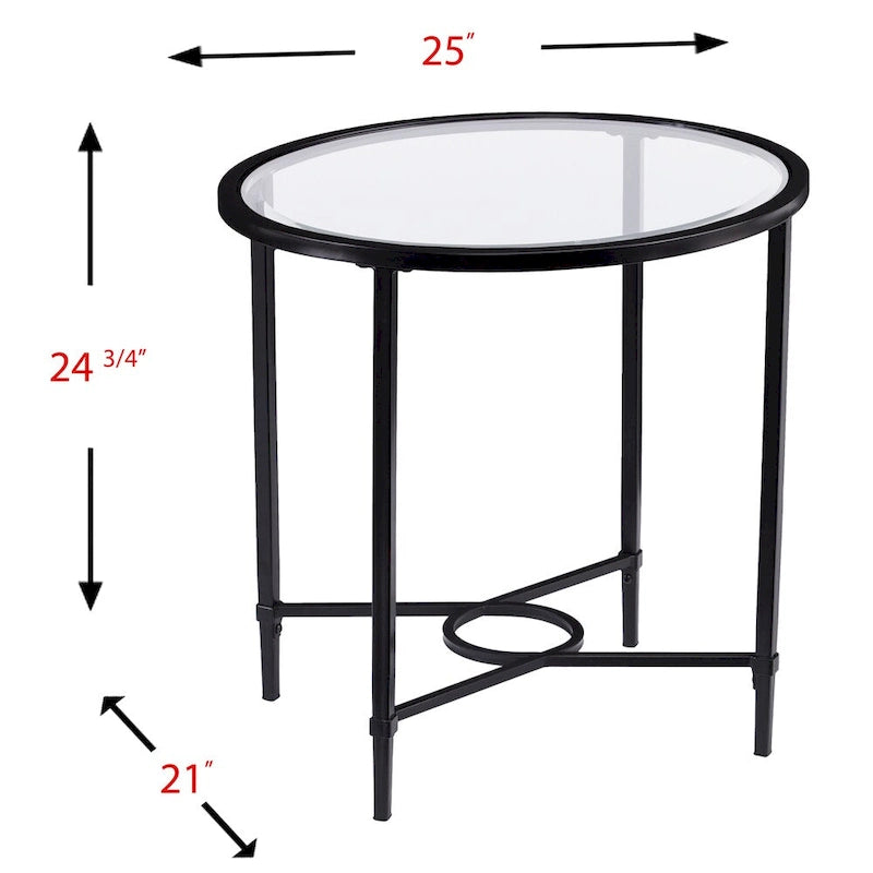 Table d'appoint ovale en verre – noire, volutes en métal, 1 place