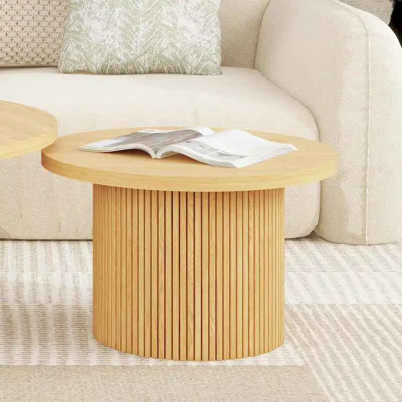 Table basse ronde en bois massif à pied central – Grain de bois naturel, style rustique, 2 à 4 places