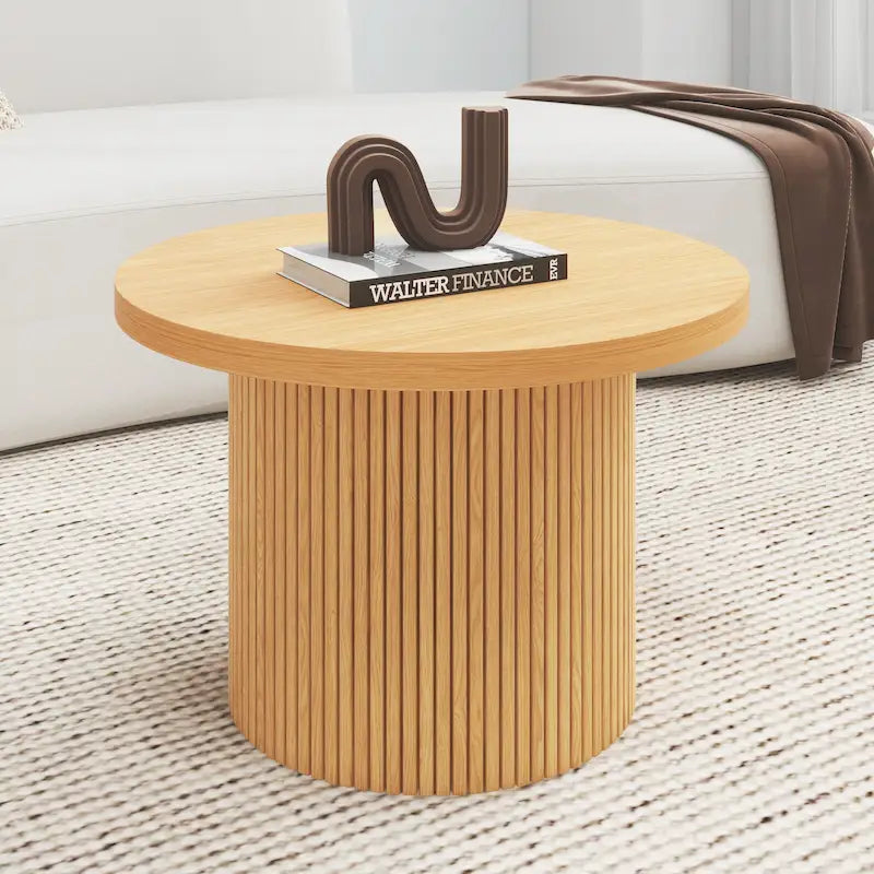 Table basse ronde en bois massif à pied central – Grain de bois naturel, style rustique, 2 à 4 places