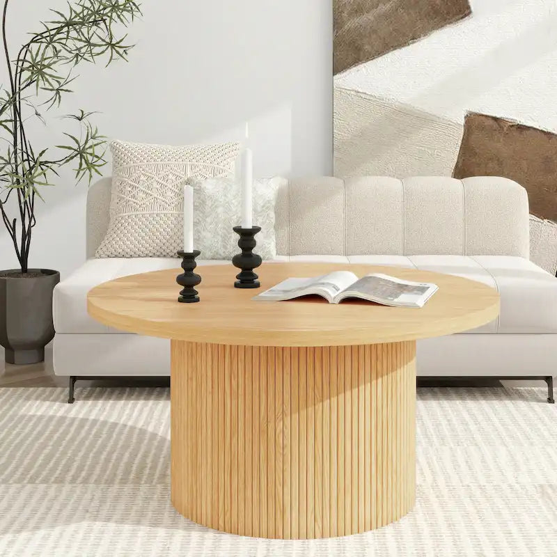 Table basse ronde en bois massif à pied central – Grain de bois naturel, style rustique, 2 à 4 places