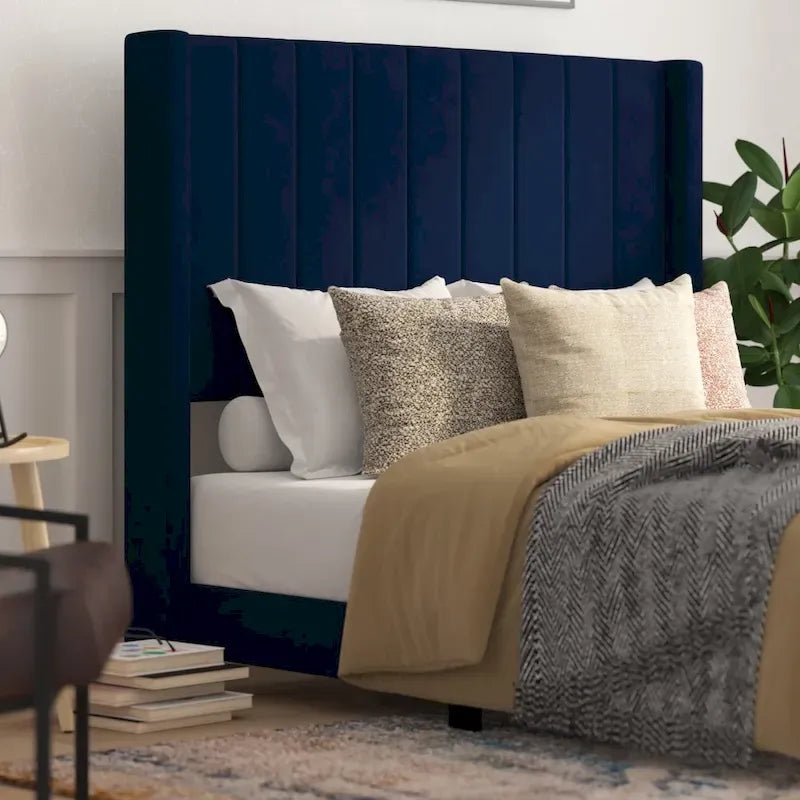Lit plateforme à oreilles, capitonné de velours – Émeraude / Gris / Bleu marine, Pleine / Grand / Très grand, 2 places