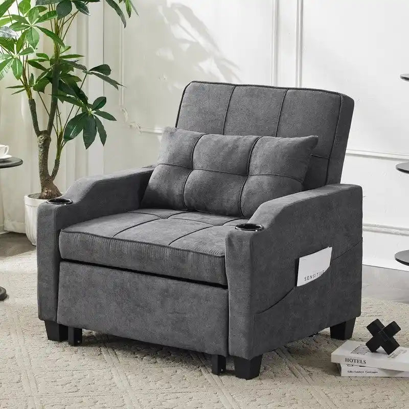 Fauteuil de couchage convertible 3-en-1 en lin – Vert grisâtre / Bleu-gris / Gris / Noir, Réglable, 1 place