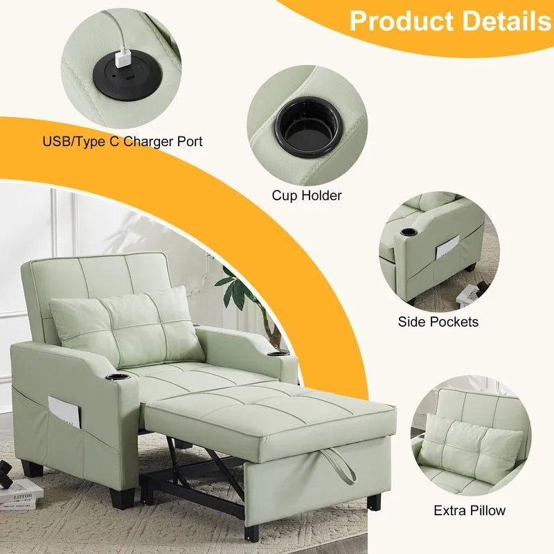 Fauteuil de couchage convertible 3-en-1 en lin – Vert grisâtre / Bleu-gris / Gris / Noir, Réglable, 1 place