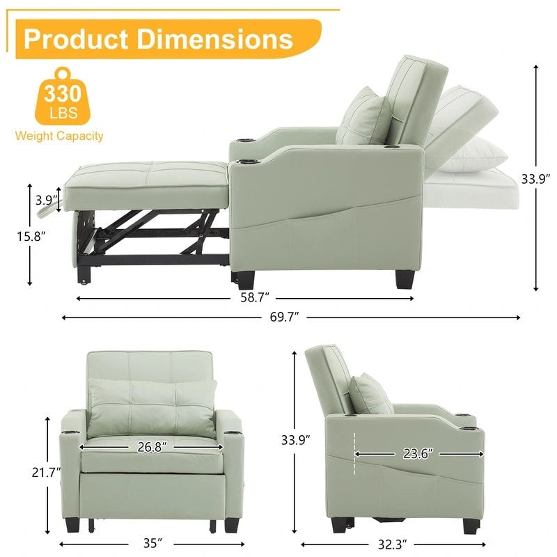Fauteuil de couchage convertible 3-en-1 en lin – Vert grisâtre / Bleu-gris / Gris / Noir, Réglable, 1 place