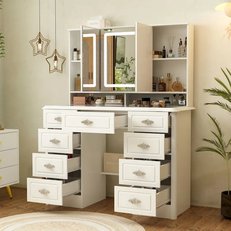 Coiffeuse avec miroir LED et 9 tiroirs – Blanc, 3 couleurs de lumière, 1 place