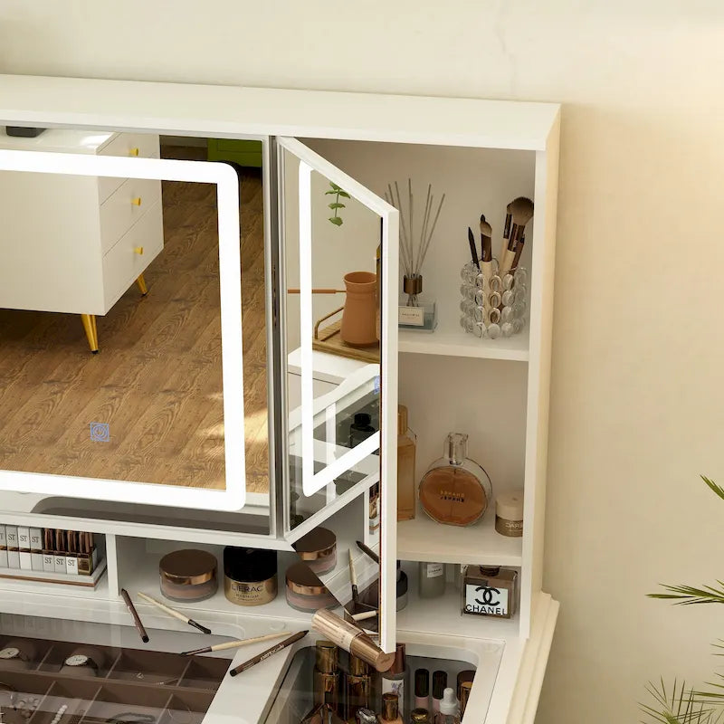 Coiffeuse avec miroir LED et 9 tiroirs – Blanc, 3 couleurs de lumière, 1 place