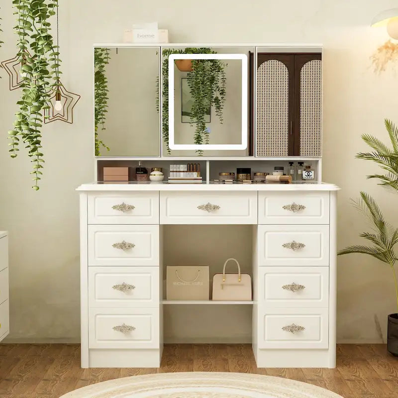 Coiffeuse avec miroir LED et 9 tiroirs – Blanc, 3 couleurs de lumière, 1 place