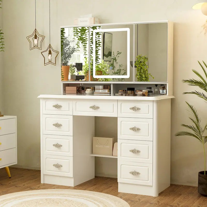 Coiffeuse avec miroir LED et 9 tiroirs – Blanc, 3 couleurs de lumière, 1 place