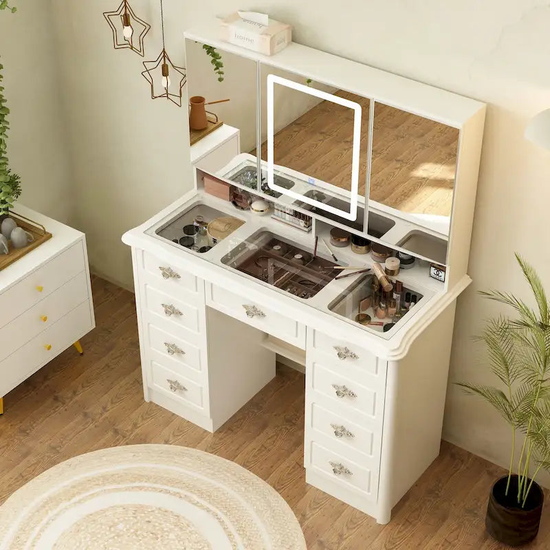 Coiffeuse avec miroir LED et 9 tiroirs – Blanc, 3 couleurs de lumière, 1 place