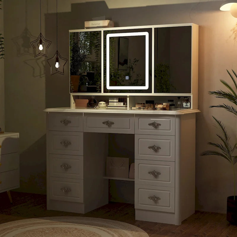 Coiffeuse avec miroir LED et 9 tiroirs – Blanc, 3 couleurs de lumière, 1 place
