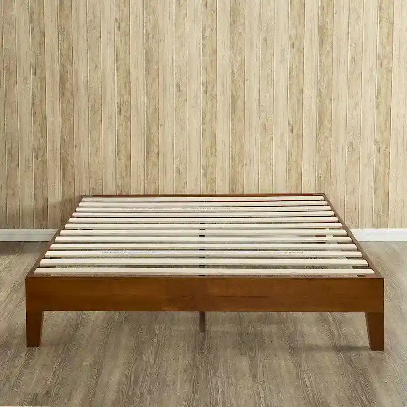 Lit plateforme pleine grandeur en acier et bois – Marron, à lattes, pour 2 personnes