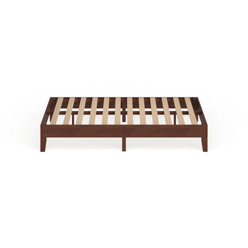 Lit plateforme pleine grandeur en acier et bois – Marron, à lattes, pour 2 personnes