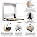 Lit escamotable Queen Murphy avec accents motif X – Chêne blanc pur / Chêne blanc lin, double piston, 2 couchages