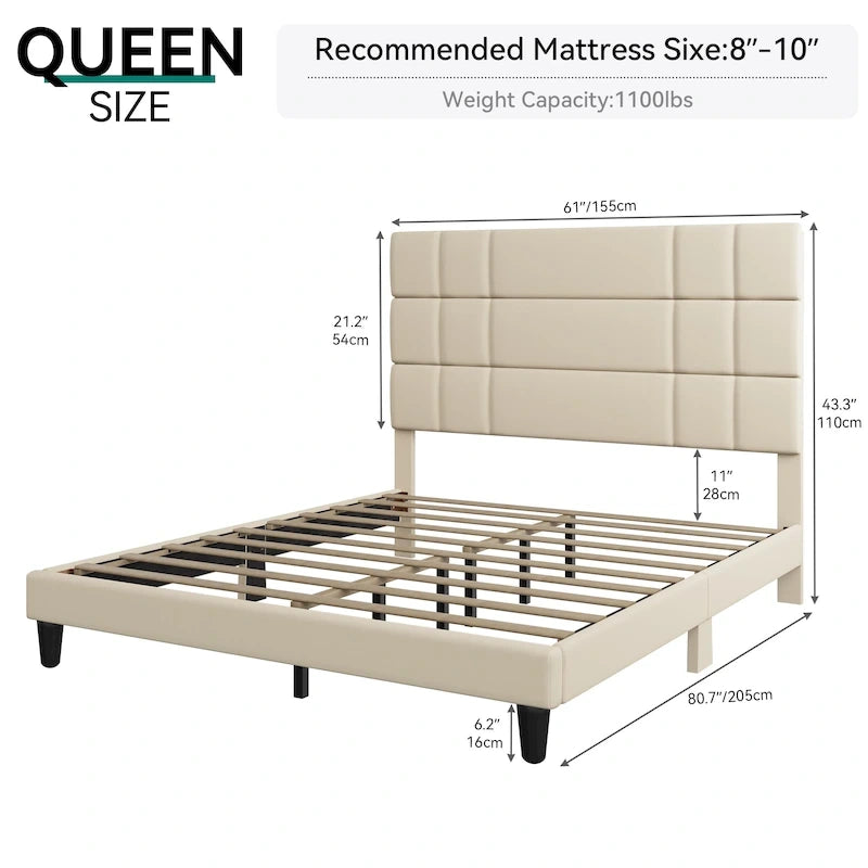 Lit plateforme avec tête de lit en lin – Beige / Gris, Queen / King, 2 couchages