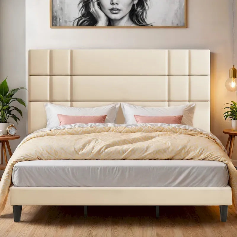 Lit plateforme avec tête de lit en lin – Beige / Gris, Queen / King, 2 couchages
