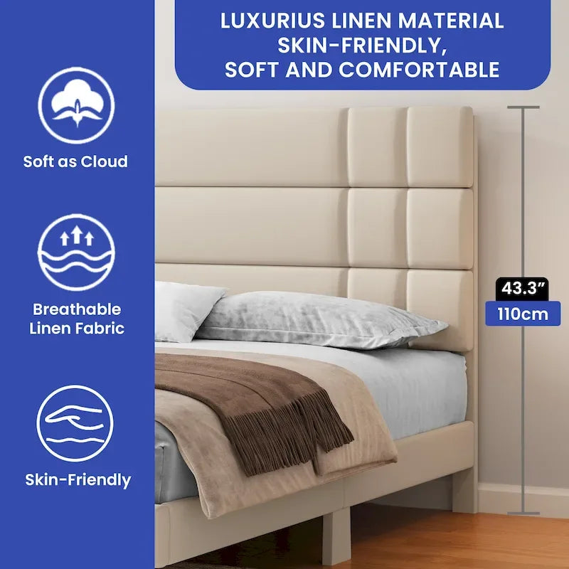 Lit plateforme avec tête de lit en lin – Beige / Gris, Queen / King, 2 couchages