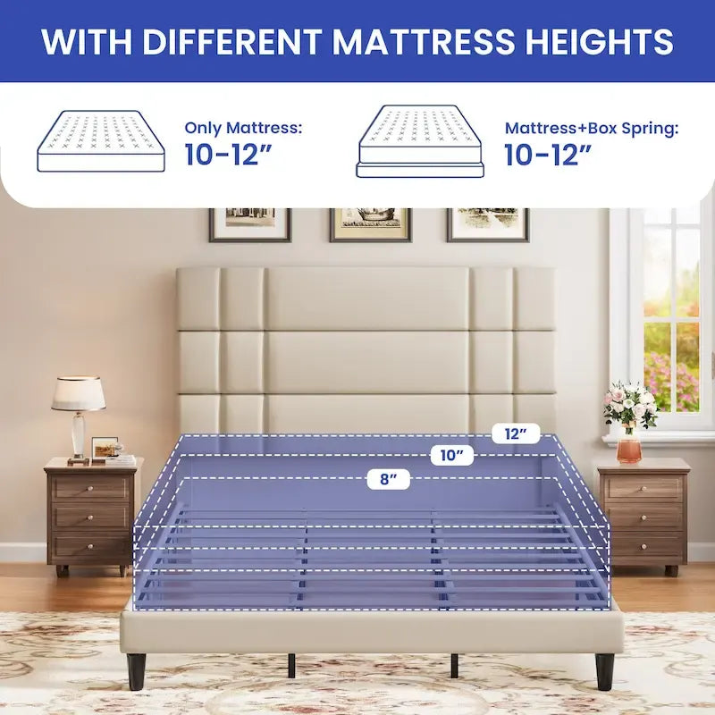 Lit plateforme avec tête de lit en lin – Beige / Gris, Queen / King, 2 couchages