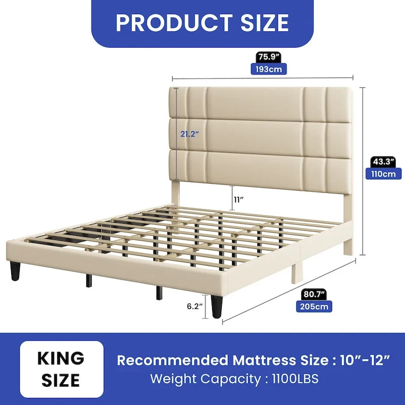 Lit plateforme avec tête de lit en lin – Beige / Gris, Queen / King, 2 couchages