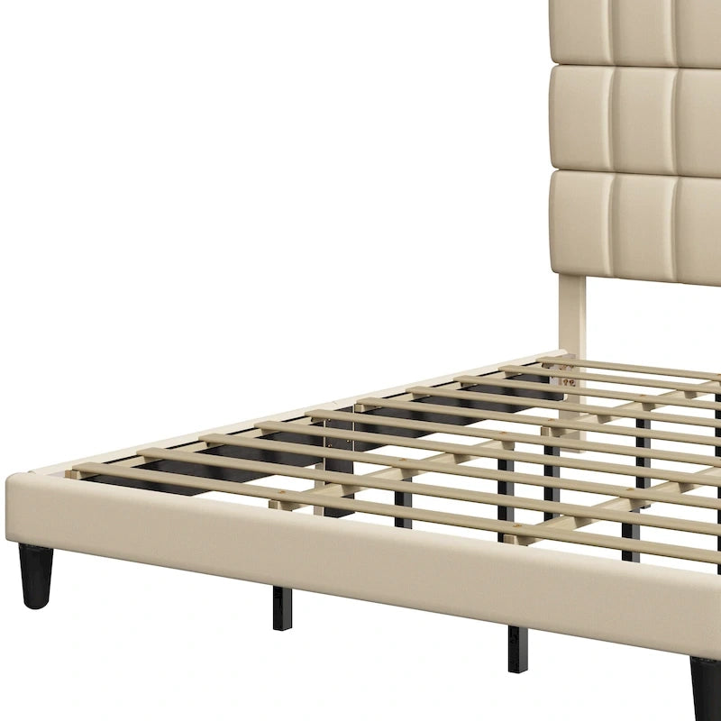Lit plateforme avec tête de lit en lin – Beige / Gris, Queen / King, 2 couchages
