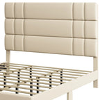 Lit plateforme avec tête de lit en lin – Beige / Gris, Queen / King, 2 couchages