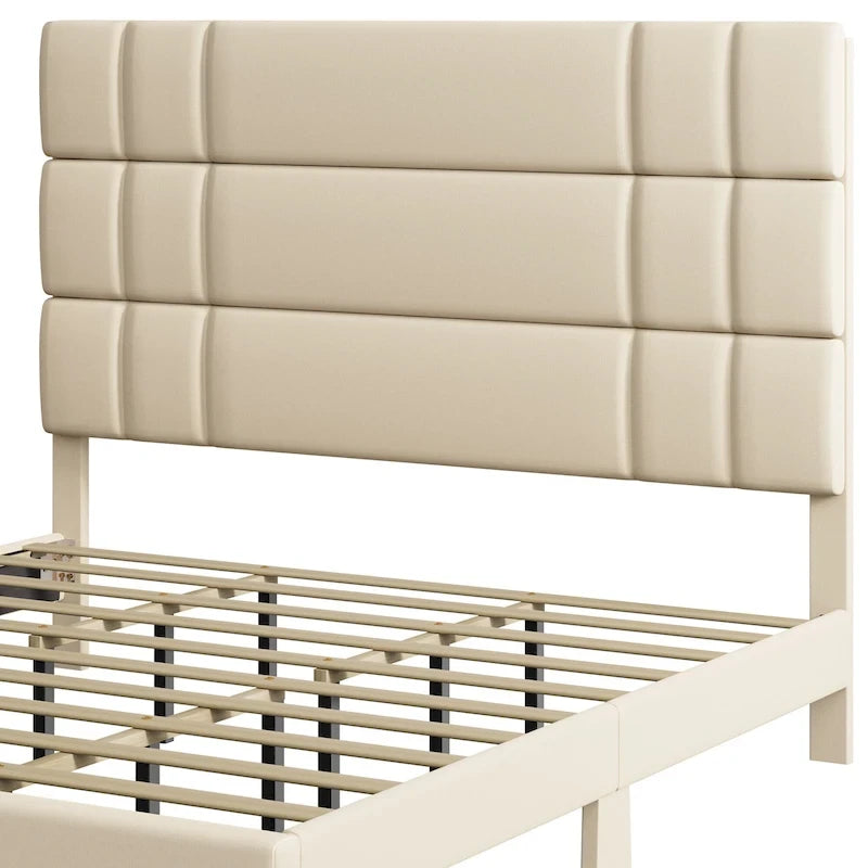 Lit plateforme avec tête de lit en lin – Beige / Gris, Queen / King, 2 couchages