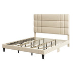 Lit plateforme avec tête de lit en lin – Beige / Gris, Queen / King, 2 couchages