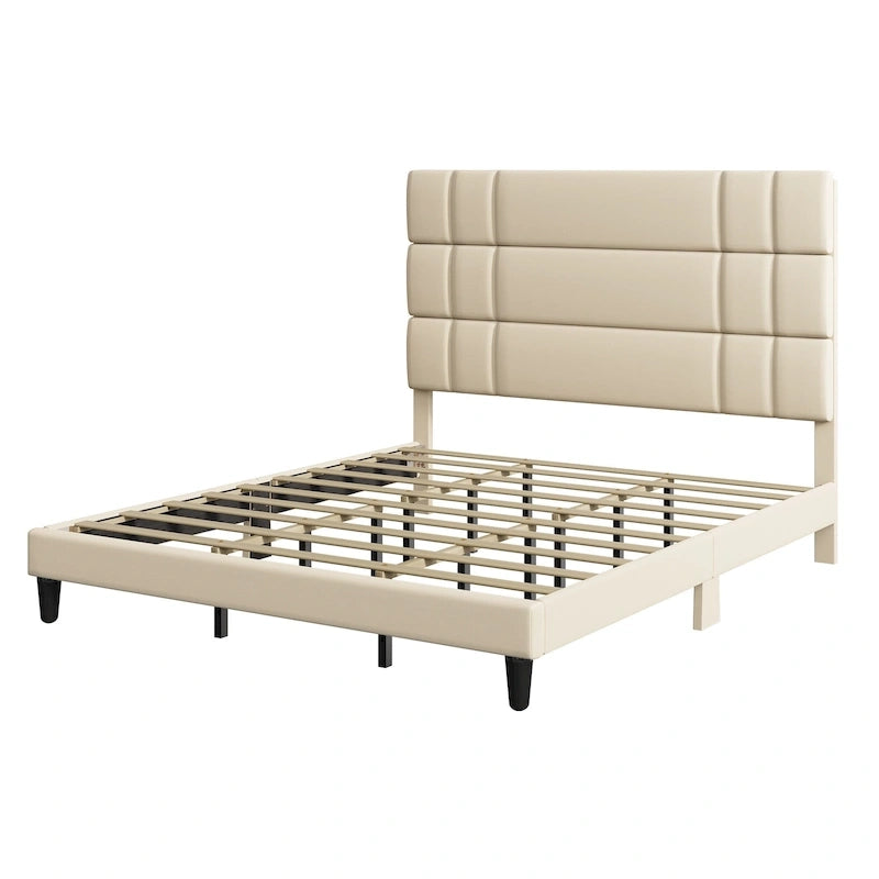 Lit plateforme avec tête de lit en lin – Beige / Gris, Queen / King, 2 couchages