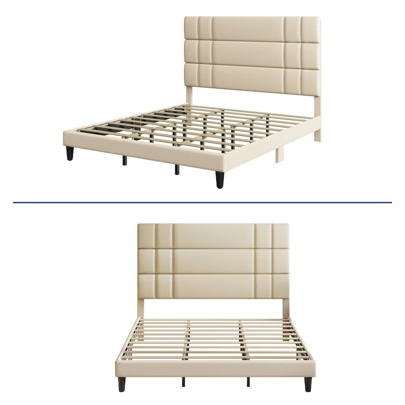 Lit plateforme avec tête de lit en lin – Beige / Gris, Queen / King, 2 couchages