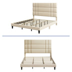 Lit plateforme avec tête de lit en lin – Beige / Gris, Queen / King, 2 couchages