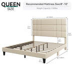 Lit plateforme avec tête de lit en lin – Beige / Gris, Queen / King, 2 couchages