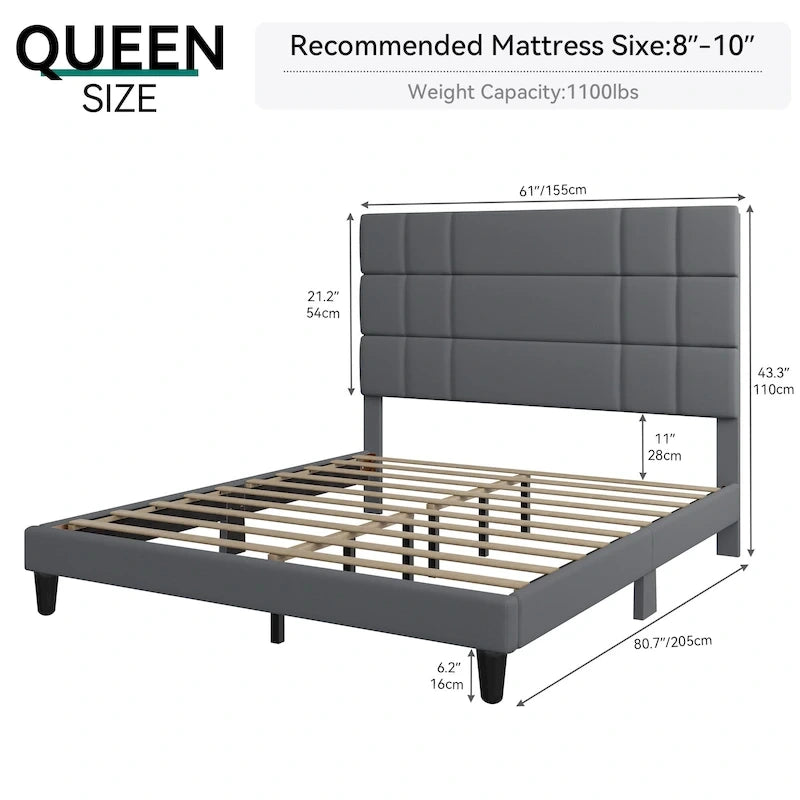 Lit plateforme avec tête de lit en lin – Beige / Gris, Queen / King, 2 couchages