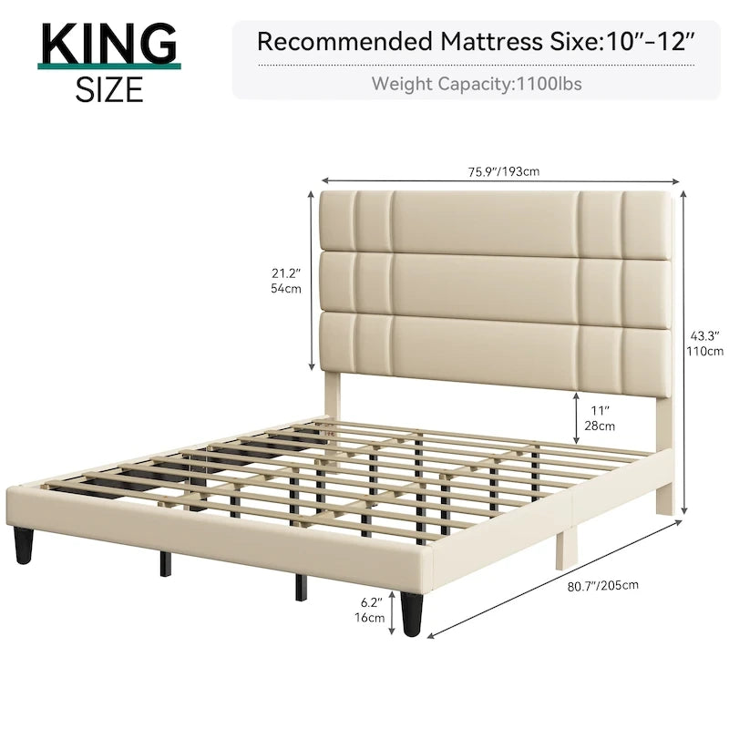 Lit plateforme avec tête de lit en lin – Beige / Gris, Queen / King, 2 couchages
