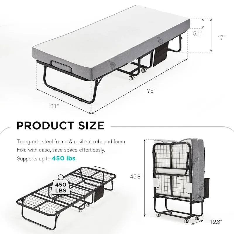 Lit d'appoint pliant avec matelas à mémoire de forme – Lit simple / Lit simple XL, Pliant, 1 couchage