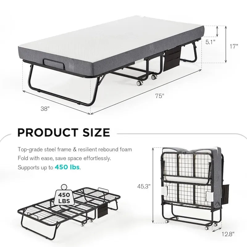 Lit d'appoint pliant avec matelas à mémoire de forme – Lit simple / Lit simple XL, Pliant, 1 couchage