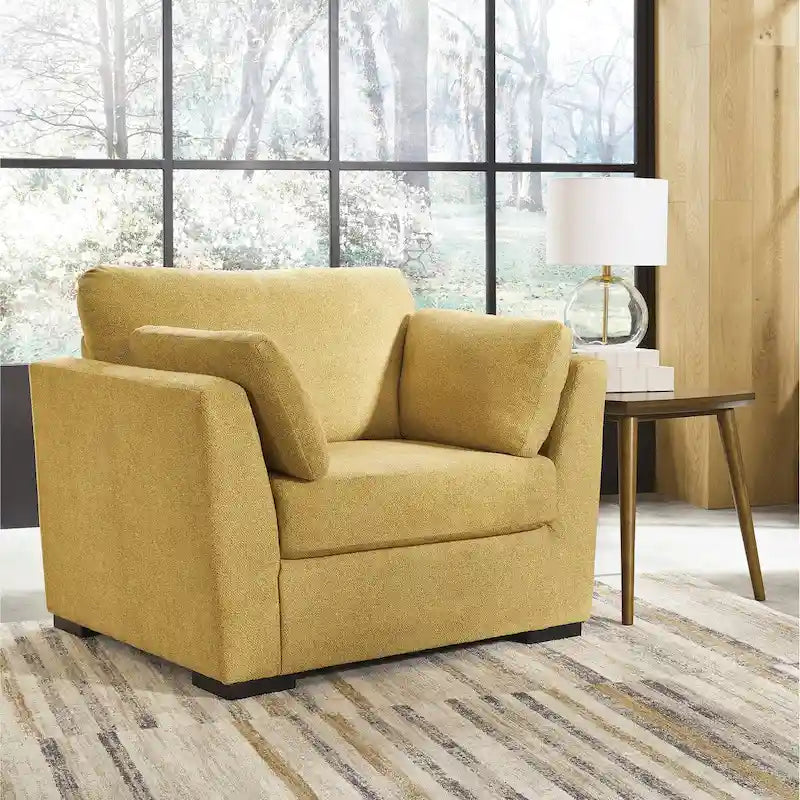 Fauteuil d'appoint surdimensionné en velours – Tournesol écorce/Bleu sarcelle, accoudoirs droits, 1 place