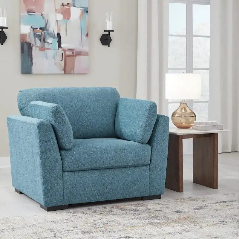 Fauteuil d'appoint surdimensionné en velours – Tournesol écorce/Bleu sarcelle, accoudoirs droits, 1 place