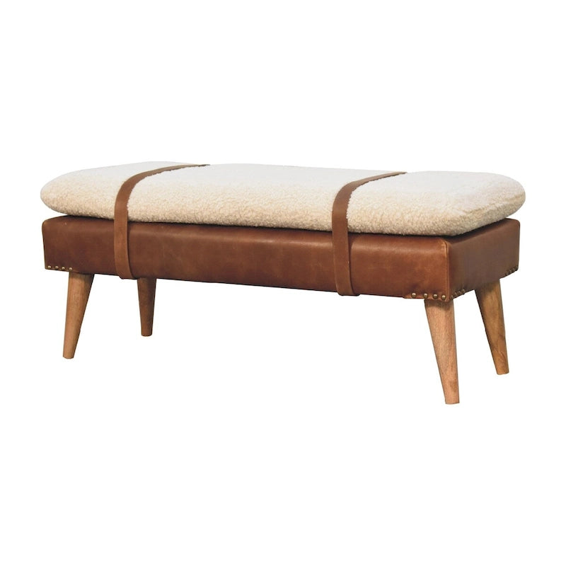 Banc rembourré en Boucle et Cuir – Chêne, Sangle Ceinturée, 2 Places