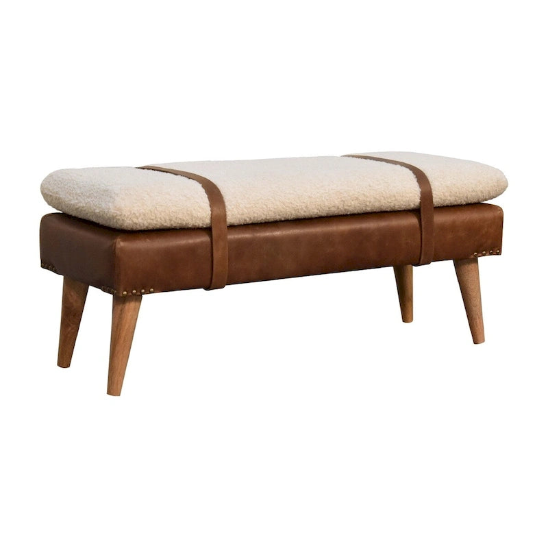 Banc rembourré en Boucle et Cuir – Chêne, Sangle Ceinturée, 2 Places