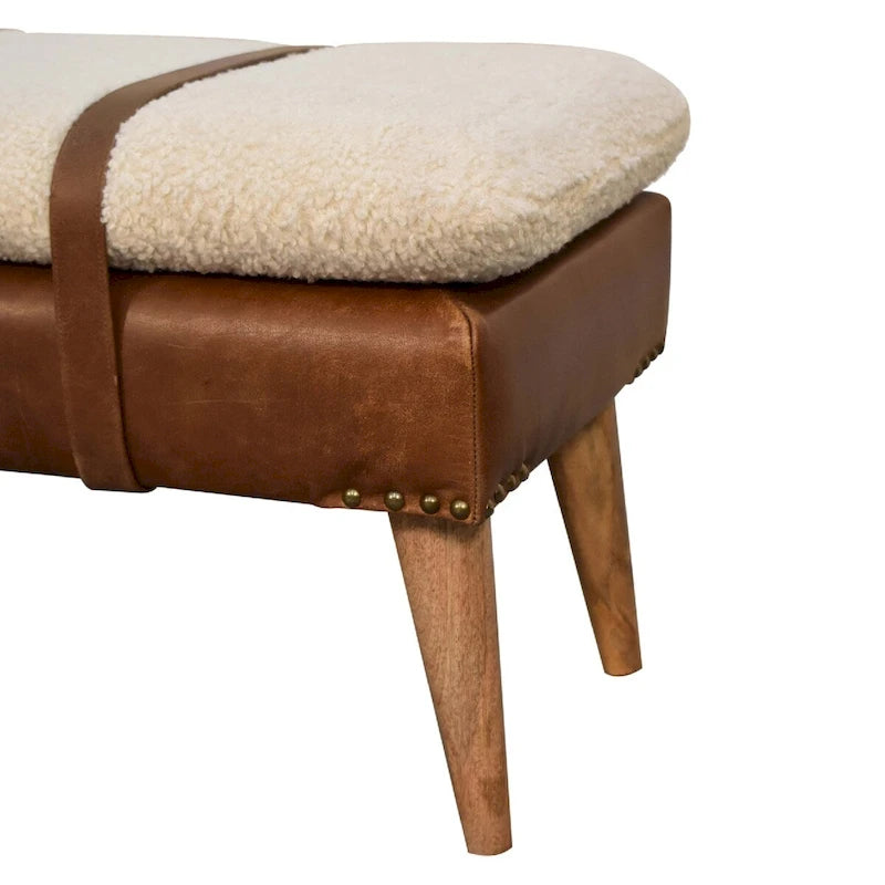 Banc rembourré en Boucle et Cuir – Chêne, Sangle Ceinturée, 2 Places