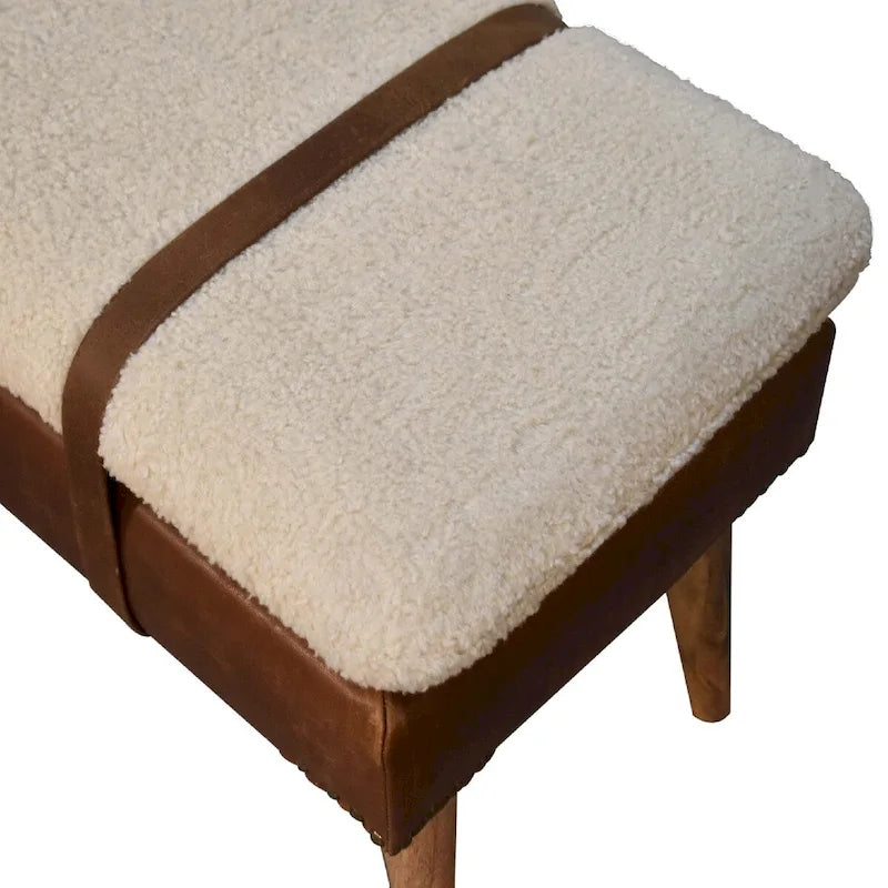 Banc rembourré en Boucle et Cuir – Chêne, Sangle Ceinturée, 2 Places