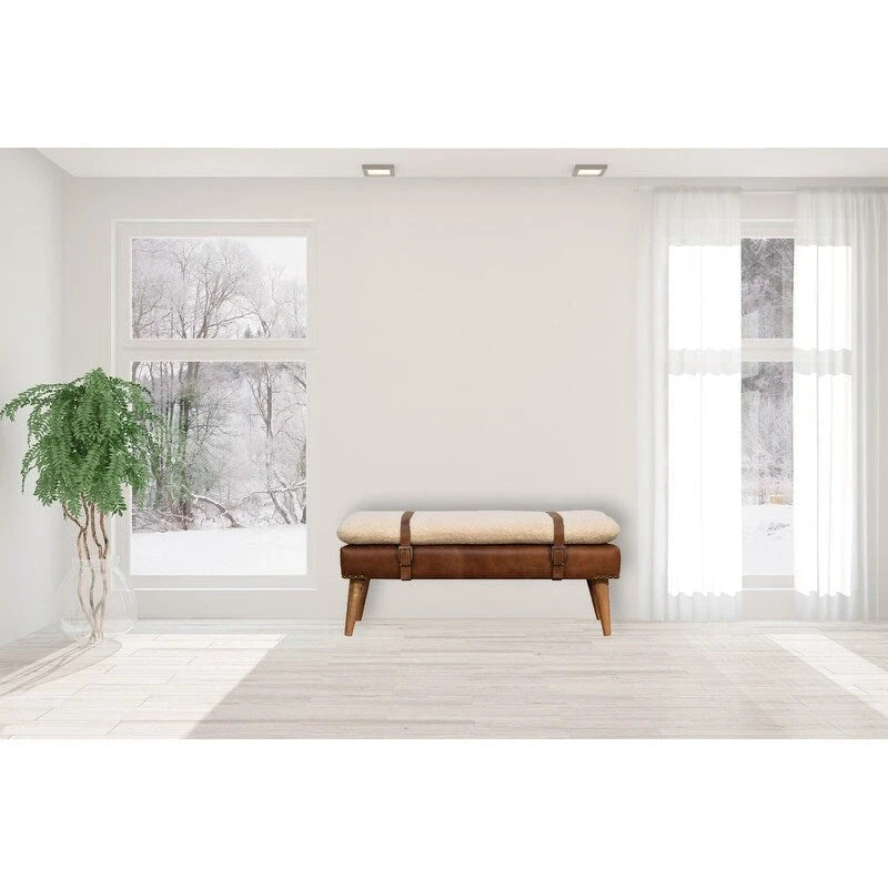 Banc rembourré en Boucle et Cuir – Chêne, Sangle Ceinturée, 2 Places