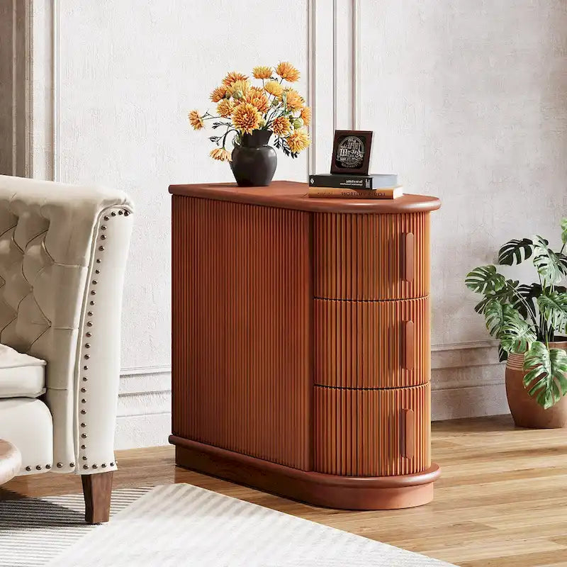 Table d'appoint semi-ovale en bois massif à 3 tiroirs – Noyer / Blanc, détails de style romain, pour 1 personne