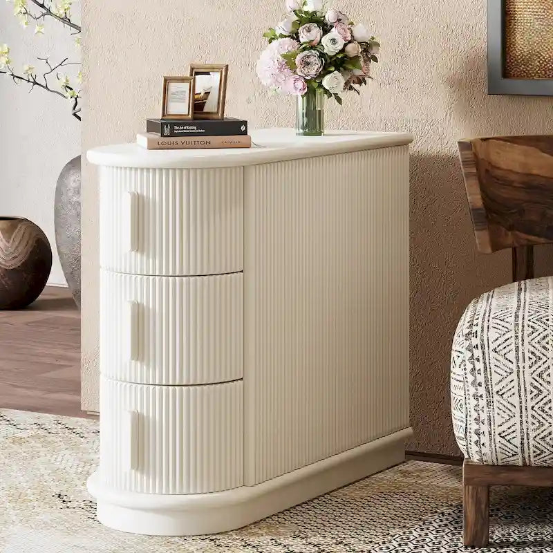 Table d'appoint semi-ovale en bois massif à 3 tiroirs – Noyer / Blanc, détails de style romain, pour 1 personne
